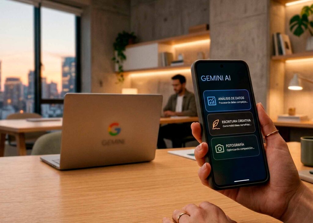 Person holding a smartphone displaying Gemini AI features for data analysis and creative writing in a modern office.