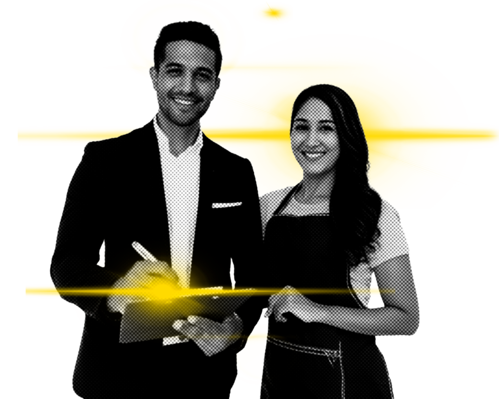 Stylized halftone portrait of male consultant and female business owner with yellow laser light beams.
