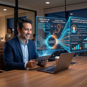 Ejecutivo analizando datos de clientes en una pantalla holográfica interactiva de diagnóstico con inteligencia artificial.