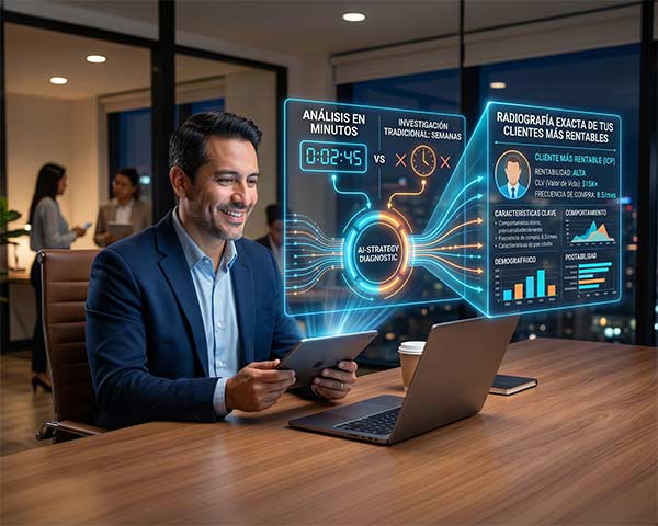 Ejecutivo analizando datos de clientes en una pantalla holográfica interactiva de diagnóstico con inteligencia artificial.