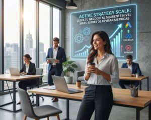 Ejecutiva en una oficina moderna junto a un panel holográfico de escalabilidad de estrategia y métricas de crecimiento.