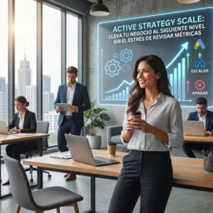 Ejecutiva en una oficina moderna junto a un panel holográfico de escalabilidad de estrategia y métricas de crecimiento.
