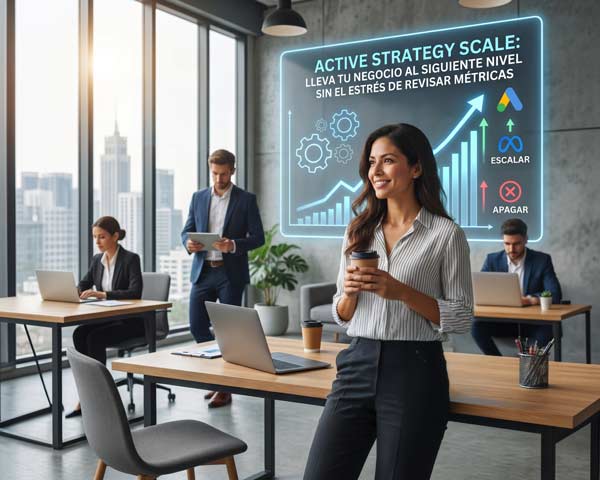 Ejecutiva en una oficina moderna junto a un panel holográfico de escalabilidad de estrategia y métricas de crecimiento.