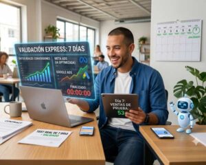 Emprendedor mirando pantalla holográfica de validación express de mercado en 7 días con métricas de Meta y Google Ads.