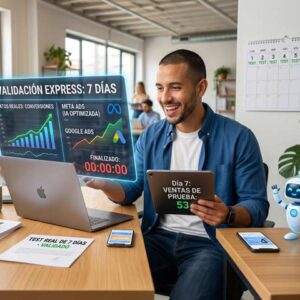 Emprendedor mirando pantalla holográfica de validación express de mercado en 7 días con métricas de Meta y Google Ads.